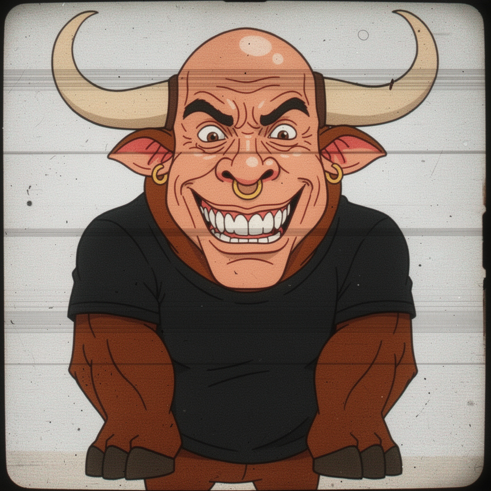 Bezos Bull, a caricature bull with Jeff Bezos' bald grinning head, curved horns and a gold nose ring, wearing a black t-shirt