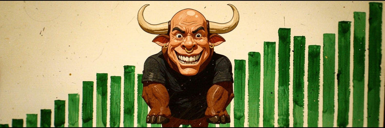 Bezos Bull charging in front of a rising green candlestick chart